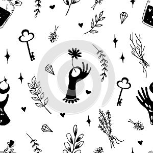 Vector seamless pattern. mystical elements, esotericism, celestial bodies. signs and symbols of magic, simple doodle style drawing